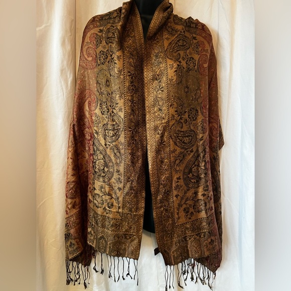 100% Silk "Cashmeer" Scarf 22"W x 68"L Plus Fringe Shades of Brown W/ Maroon - Picture 1 of 5